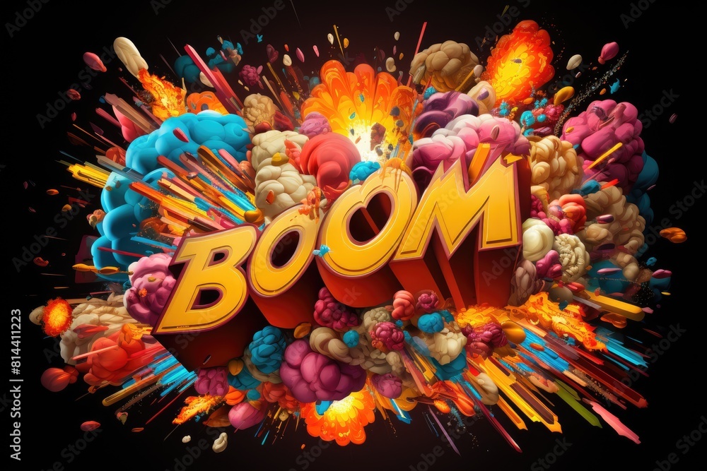 Poster Colorful 3D Boom text with splashes