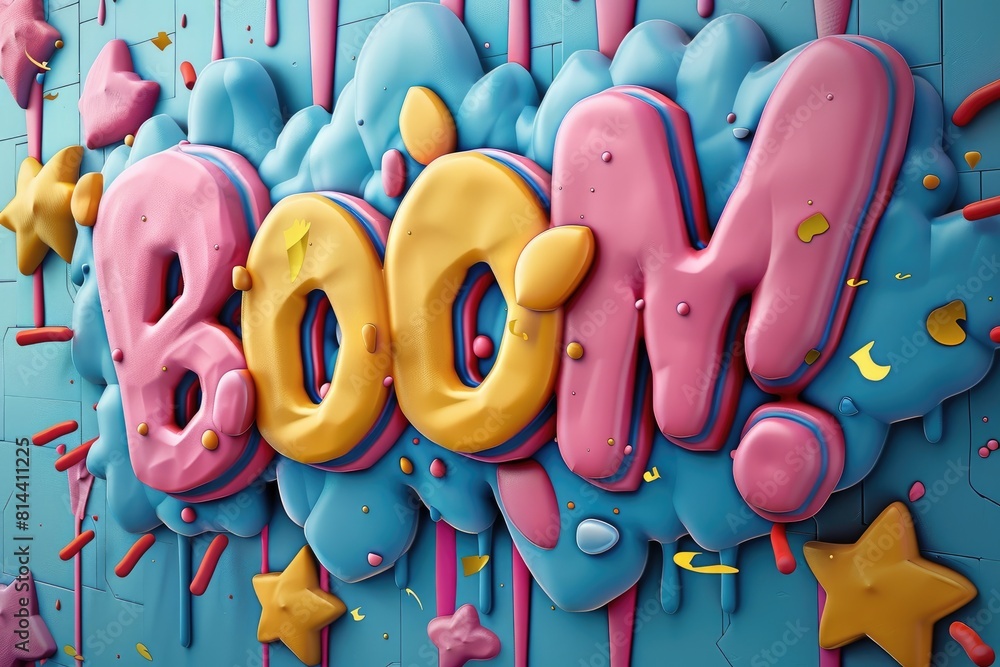 Poster Colorful 3D Boom text with splashes