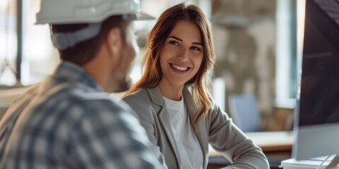 A smiling female architect wearing a hard hat engages in an insightful conversation with a foreman