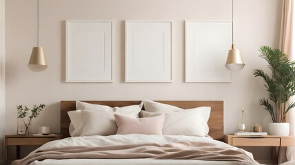 Blank white modern minimalist wall art mockup canvas, against a aesthetic pearl color wall background, blank bedroom wall art mockup with pearl theme