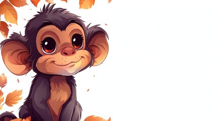 Whimsical Cartoon Monkey Amid Autumn Foliage on Transparent Background