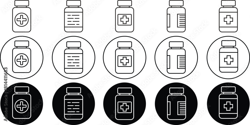 Poster set of medicine bottles icons. outline styles with editable stock for mobile concepts and web design