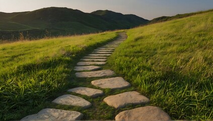Obraz premium Stone path winding through lush grassy field under clear sky