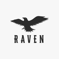 Rough dirt flying crow logo, flying raven logo vector illustration on white background