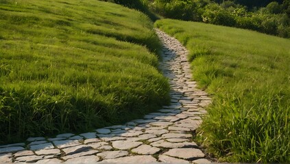 Stone path winding through lush grassy field under clear sky - Powered by Adobe