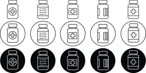 Set of Medicine bottles icons. Outline styles with editable stock for mobile concepts and web designs. Drugstore logo illustration. Contour symbols. Pharmacy signs vectors on transparent background.