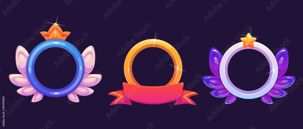 Poster circle badge frame for game ui avatar design with wings, golden crown and yellow star, red ribbon ba
