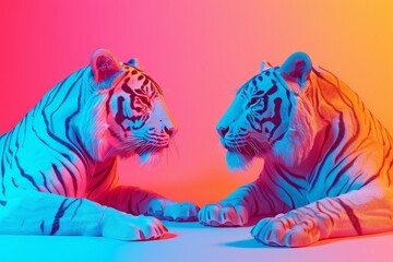 Obraz premium Two tigers are laying on a colorful background