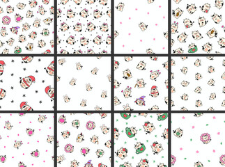 Fototapeta premium Cute cartoon kawaii cow. Seamless pattern. Animal funny characters. Hand drawn style. Vector drawing. Collection of design ornaments.