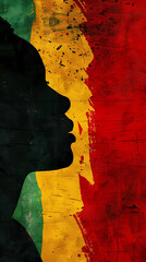 Black woman in profile with red yellow green black colors background. Juneteenth representing freedom and equality