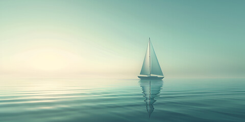 A sailboat peacefully navigates the misty ocean water