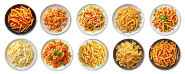 Set of various types of pasta in a plates isolated on transparent background, top view