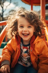 Closeup of a young child s joyful face at a playground, vibrant colors and detailed facial expressions