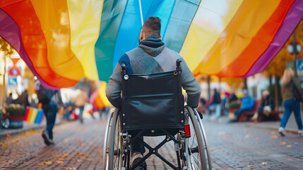 disability rainbow wheelchair disabled in view pride parade gay inclusion lgbtq celebrating diverse event celebrating pride flag differences empowerment with man equality back candid