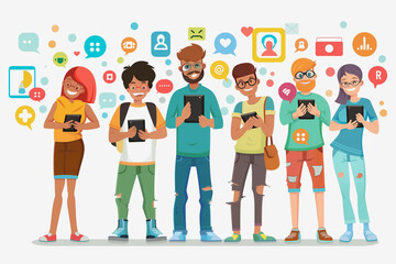 A group of people are standing together and looking at their cell phones. Concept of social interaction and the prevalence of technology in our daily lives