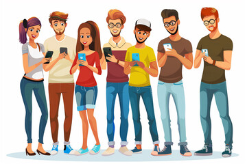 Fototapeta premium A group of people are standing together and looking at their cell phones. Concept of social interaction and the prevalence of technology in our daily lives