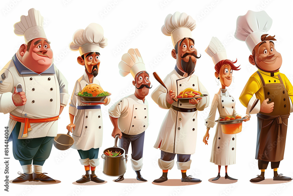 Poster chefs are standing in a row, each wearing a different colored apron.