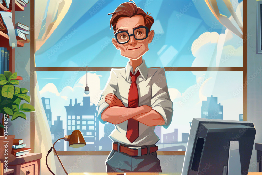 Poster a man in a business suit is sitting at a desk with a computer monitor and a keyboard. he is smiling 