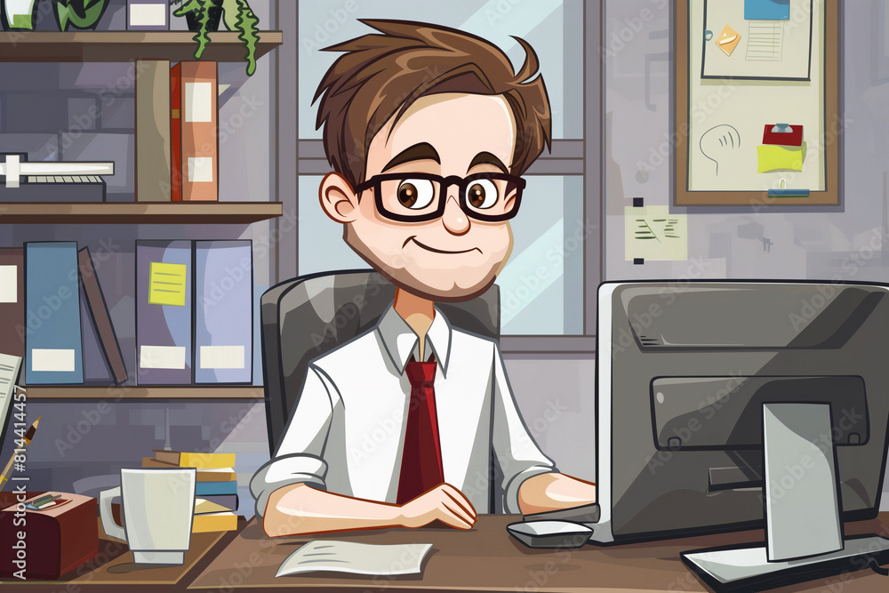 Poster a man in a business suit is sitting at a desk with a computer monitor and a keyboard. he is smiling 