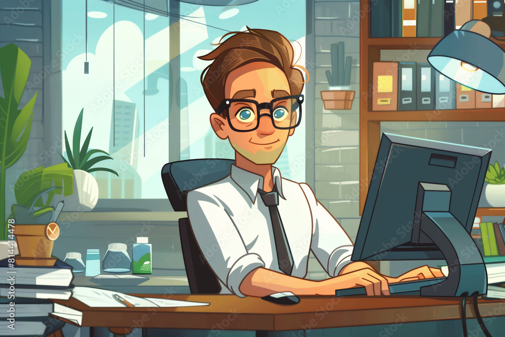 Poster a cartoon man is sitting at a desk with a computer and a keyboard. he is wearing glasses and a tie. 