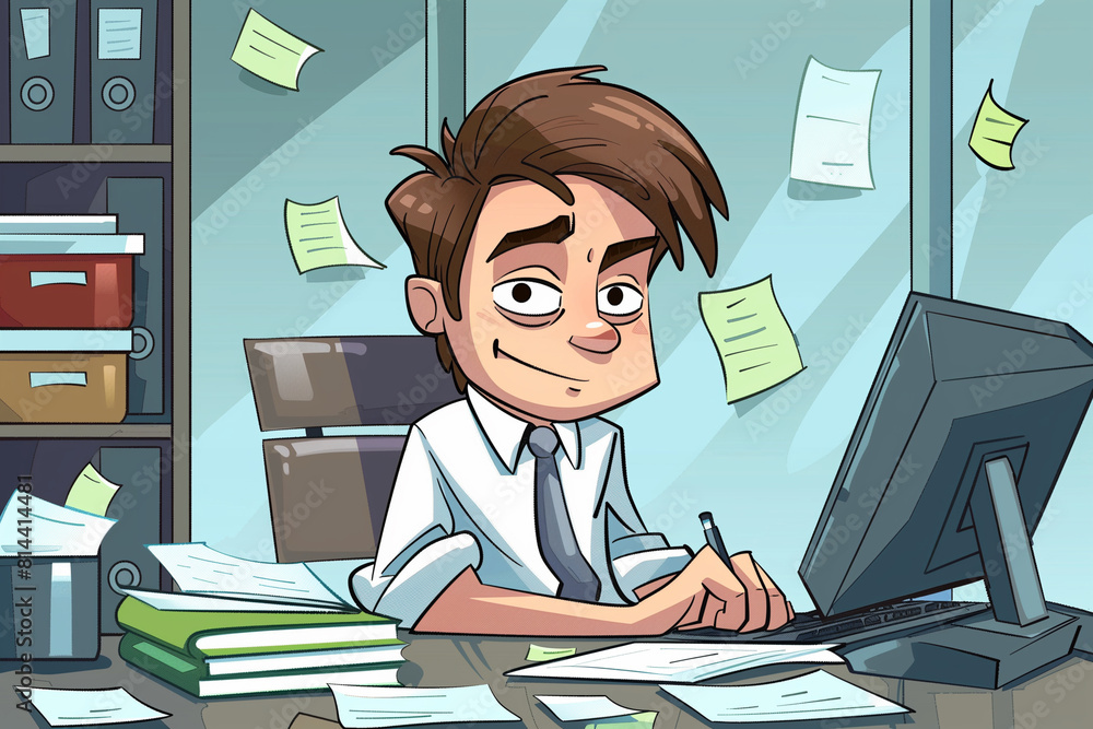 Poster a man in a business suit is sitting at a desk with a computer monitor and a keyboard. he is smiling 