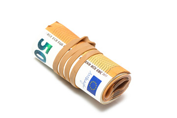 rolled up money, 50 euro banknote isolated on white background