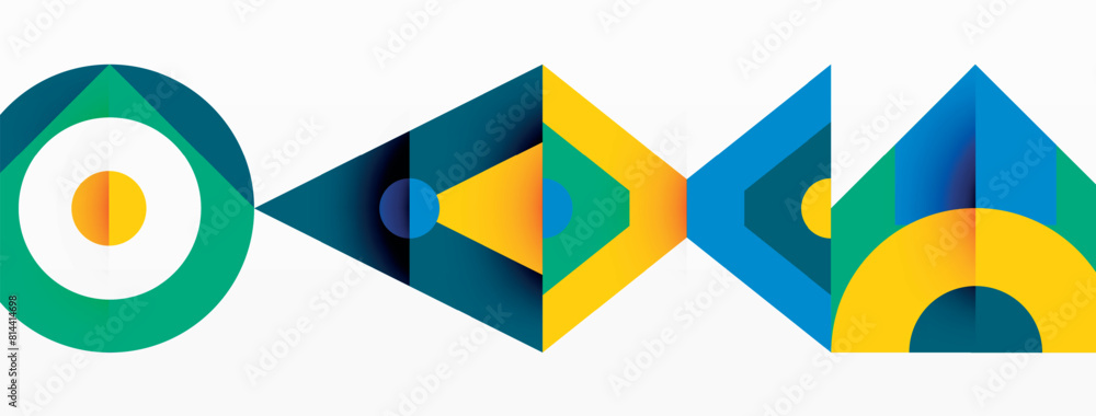 Poster A playful pattern of triangles, rectangles, circles, and squares in electric blue and various tints and shades creates symmetry on a white background, resembling a colorful toy