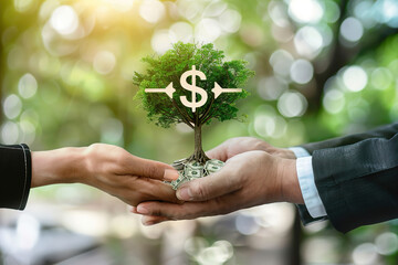 Two hands exchanging a symbolic tree and dollar sign, illustrating carbon offset transactions. - Powered by Adobe