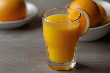 Glass of fresh squeezed orange juice with sliced oranges. Perfect for health, freshness, and vibrant citrus themes.