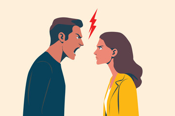 a man shouting - yelling at a woman, family couple fight each other, crisis, father - mother, married - divorce, domestic violence concept