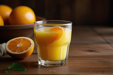 Glass of fresh squeezed orange juice with sliced oranges. Perfect for health, freshness, and vibrant citrus themes.