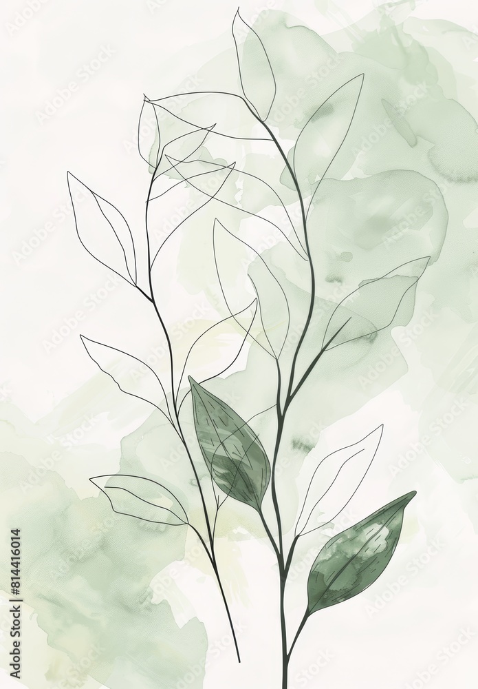 Aufkleber botanical line art on soft green background for minimalist designs generative ai