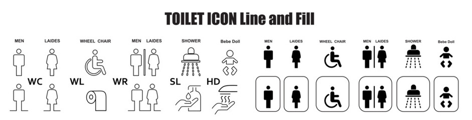 Toilet line icon set. WC sign. Man, woman, shower, mother with baby, handicap symbol. Restroom for male, female, disabled pictograms.