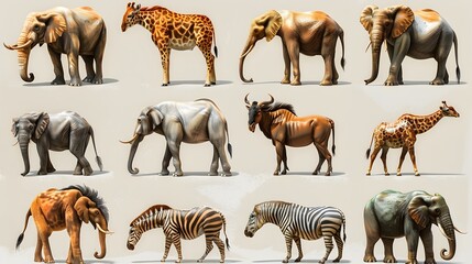 Diverse African Animals Illustrated in Drawing Style for Natural History or Wildlife Concept