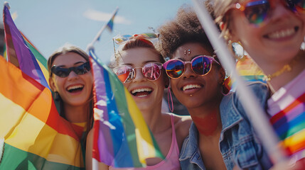 young friends inclusion celebrating happy event festival lgbtq female diversity multiracial during diverse concept group pride with colleagues female rainbow flags community gay of pride
