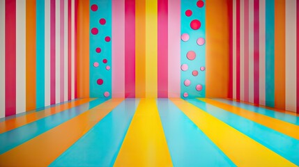 A colorful room with striped walls and polka dots