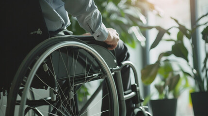 Fototapeta premium A businessman in a wheelchair is meeting with the team in the office