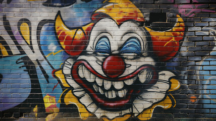 Naklejka premium Pop art comic street graffiti with a clown on a brick wall. Fantastic background. 
