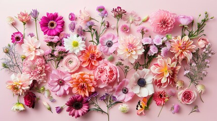 Creative Flat Lay of Various Flowers: Delicate Colors Bouquet