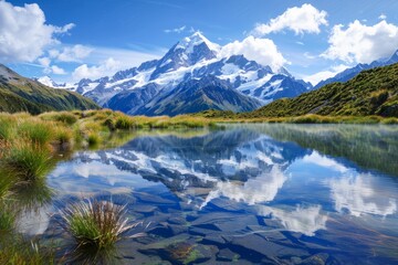 Fototapeta premium Serene Mountain Lake on a Sunny Day Reflecting Snow-Capped Peaks and Lush Greenery