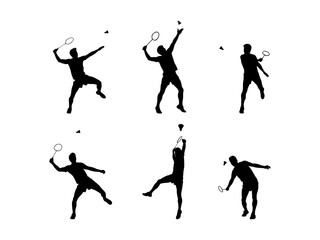 Set of Badminton Silhouette in various poses isolated on white background