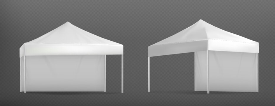 White event tent mockup. Marquee canopy stand. 3d isolated outdoor commercial exhibition pavilion. Festival awning for branding mock up. Advertising and promotional booth material side view set