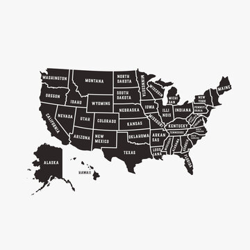 Graphic vector map of United States of America with the names.