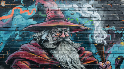 Pop art comic street graffiti with a wizard on a brick wall. Fantastic background.	