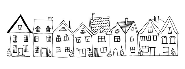 Houses set. Hand-drawn doodle vector urban illustration. Cartoon habitation. Black and white Children's drawings.