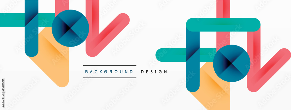 Poster A vibrant display of colorfulness with electric blue, red, and magenta arrows in a pattern of circles and rectangles, set in parallel directions on a white background