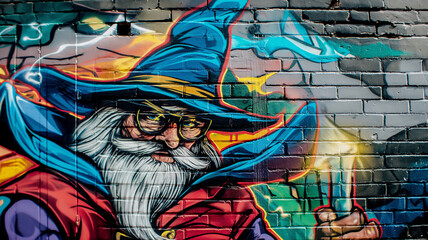 Naklejka premium Pop art comic street graffiti with a wizard on a brick wall. Fantastic background. 