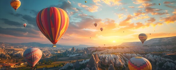 Obraz premium Vibrant Hot Air Balloons Ascending at Majestic Sunrise or Sunset Over Scenic Countryside Landscape