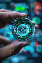 A hand holding a smart contact lens container with futuristic digital interface designs.