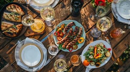 From above of grilled sausages and vegetables placed on plates near glasses and bottle with white wine on table during barbecue on sunny weekend day